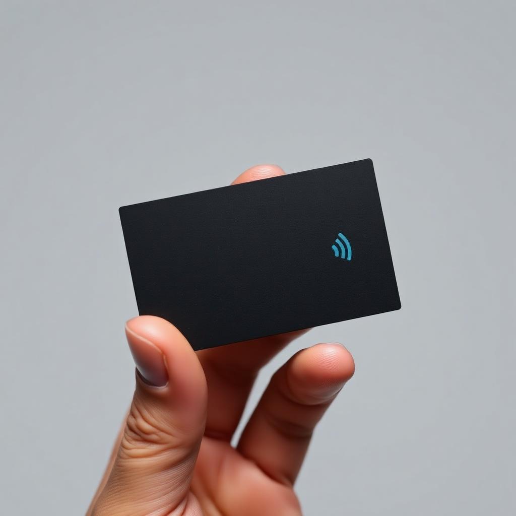 Slim matte black NFC card held in a hand