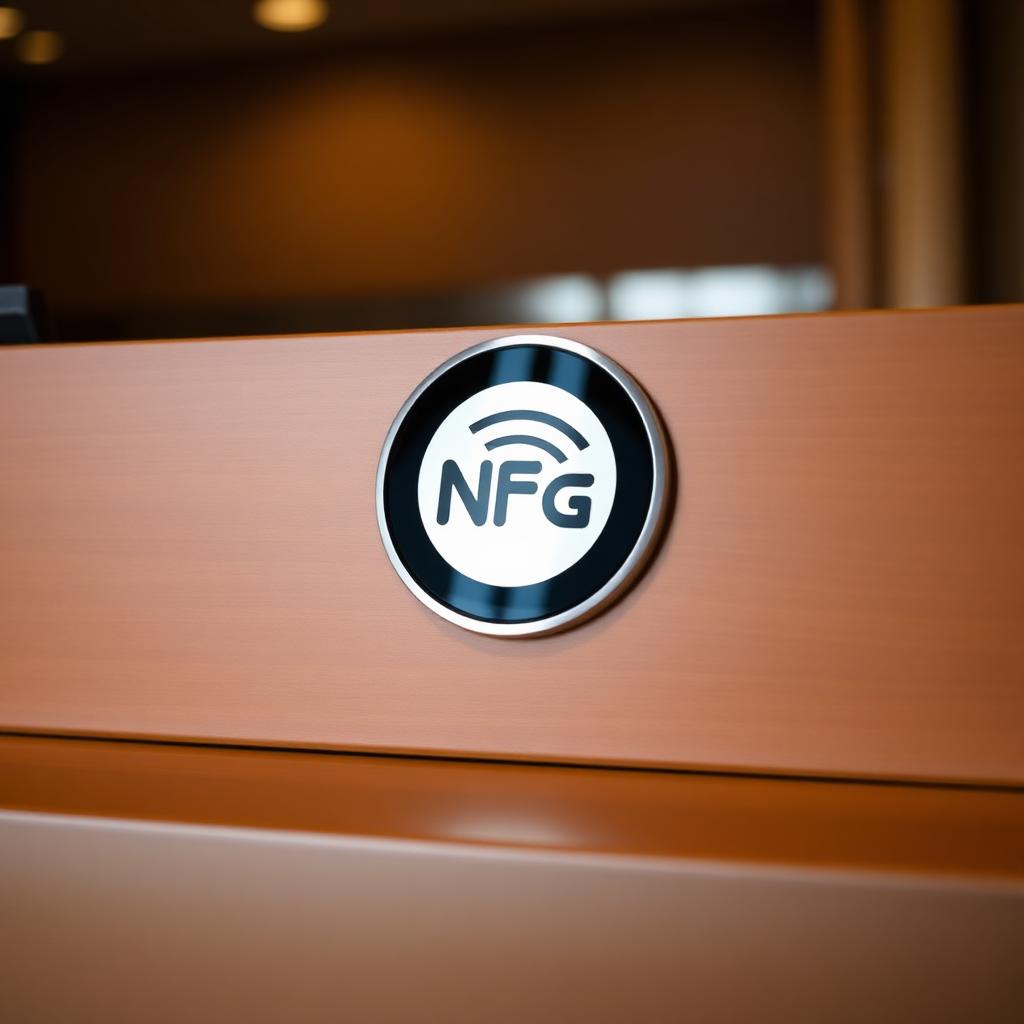 IsTap NFC emblem mounted on a reception counter