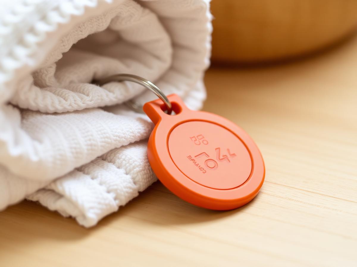 Silfra Spa orange NFC keychain on wood surface